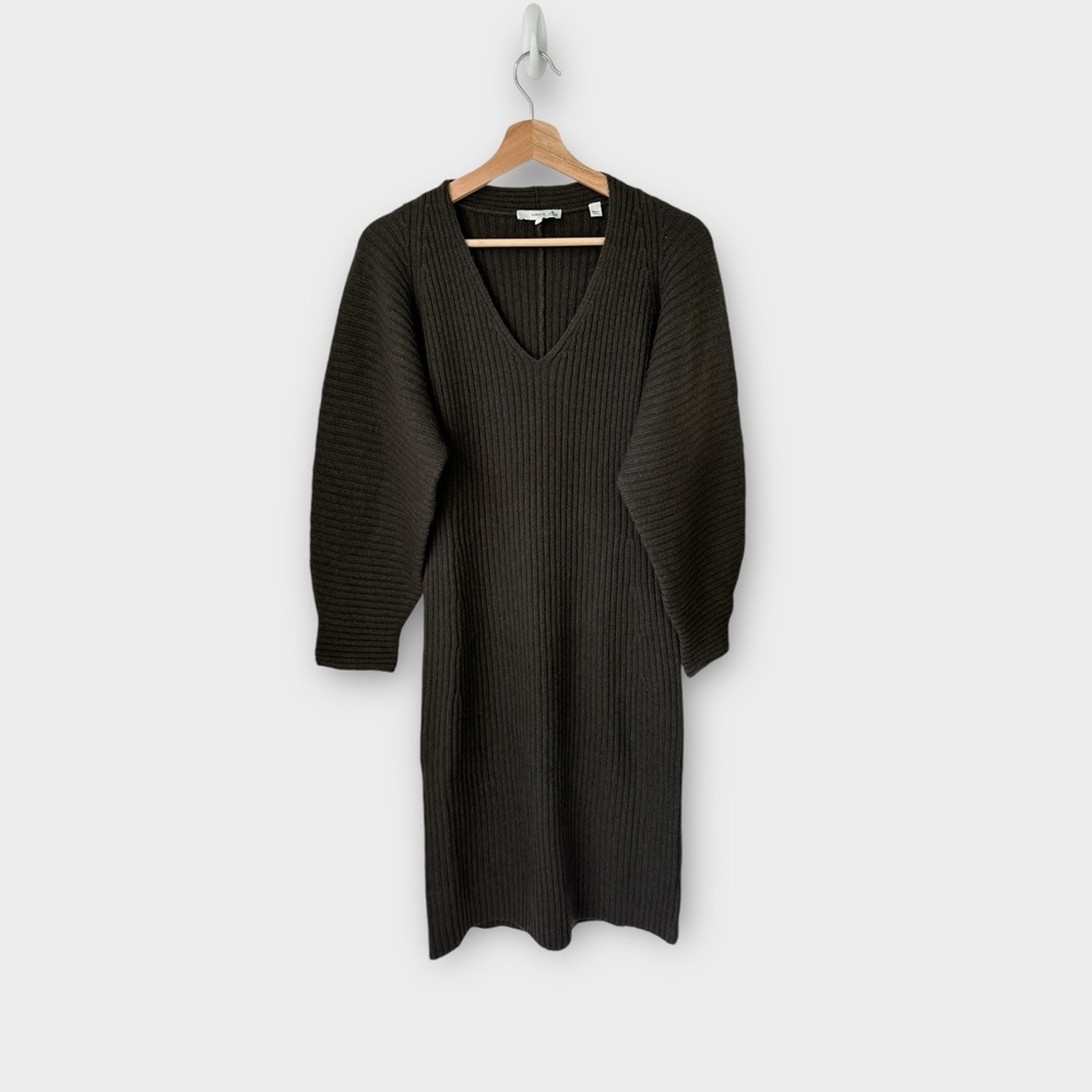 Vince Sweater Dress – Balloon Sleeve Yak/Wool Blend Dark Night Fern Size S